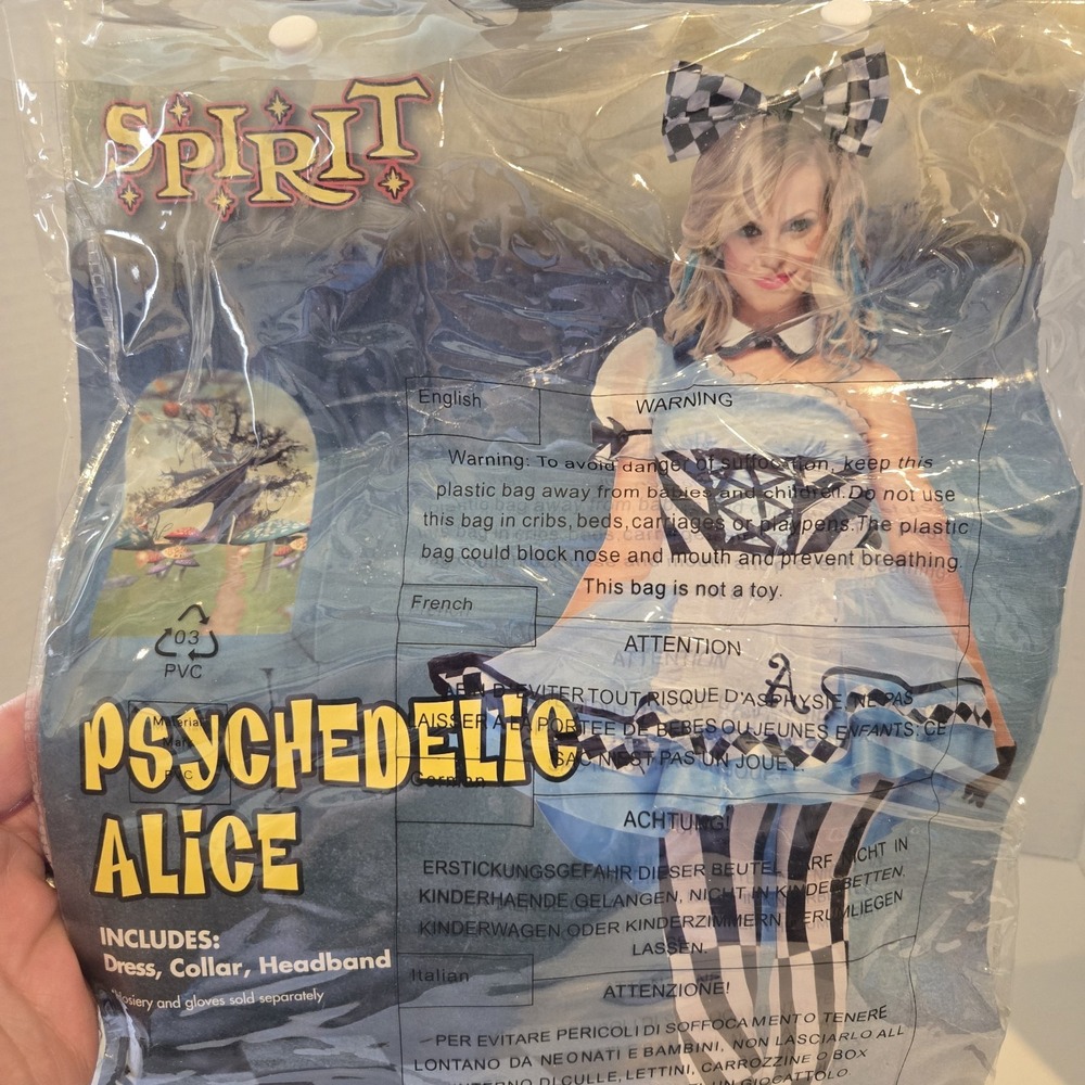 Spirit Halloween Psychedelic Alice Costume Size Small 4-6 EUC Dress Collar Bow
